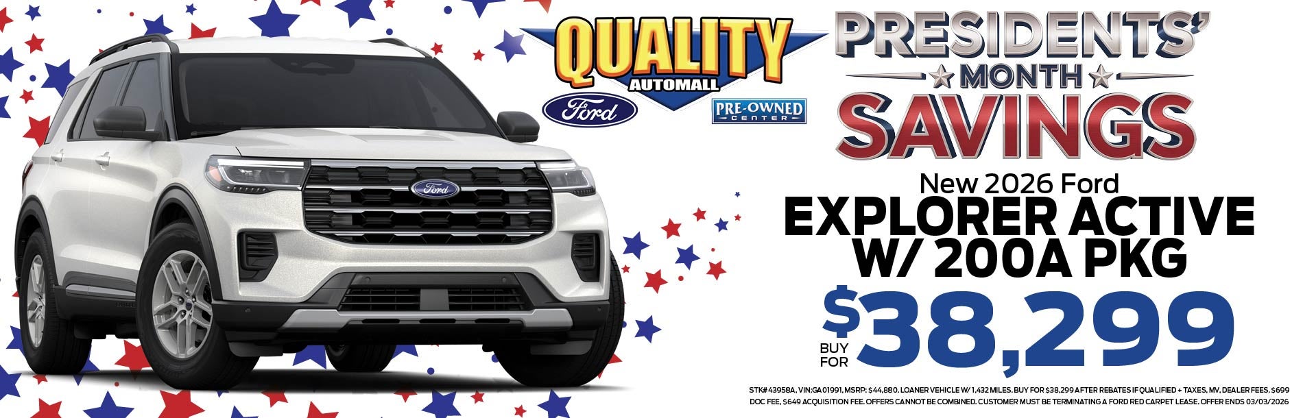 New 2026 Ford Explorer Active w/ 200A Pkg Buy for $38,299