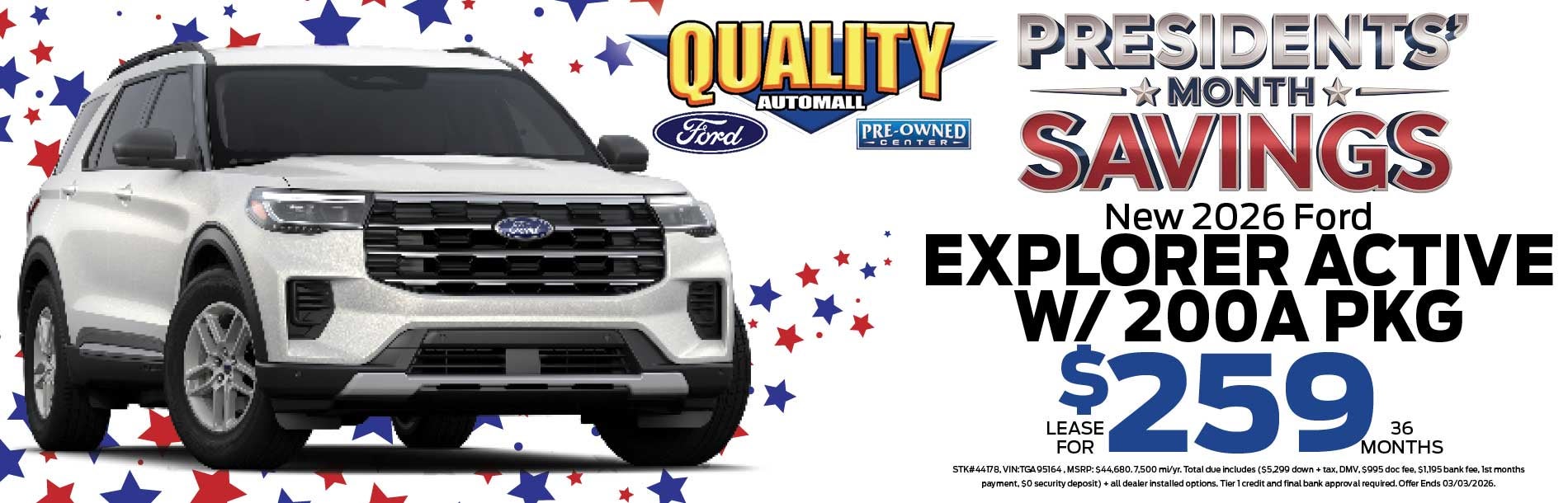 New 2026 Ford Explorer Active w/ 200A Pkg Lease $259/36 mont